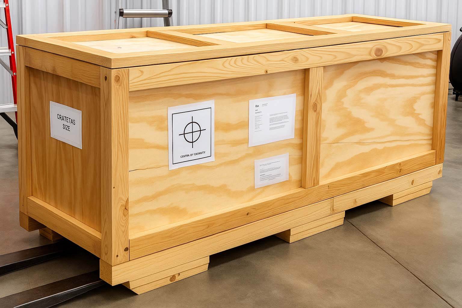 A large custom wooden crate for industrial equipment.